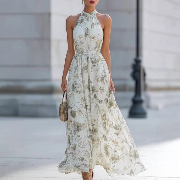 Morttic Women's Floral Halter Sleeveless Chiffon A-Line Flowy Maxi Dress Elegant Waist-Up Big Swing Party Beach Sundress Green,M