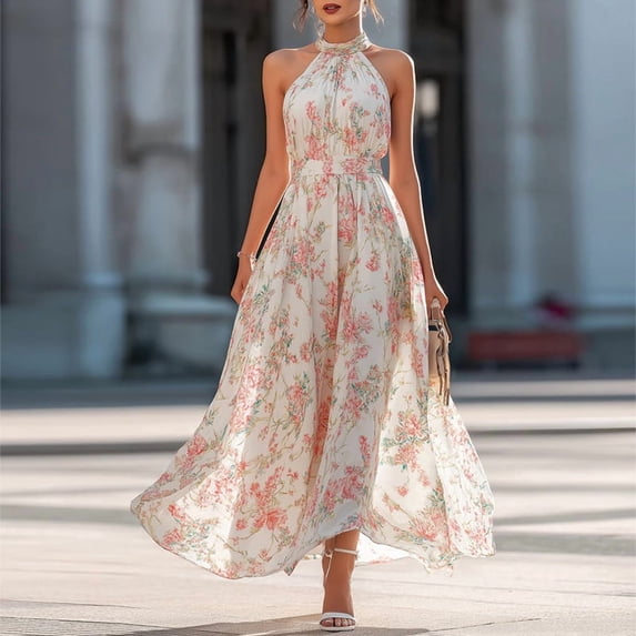 Morttic Women's Floral Halter Sleeveless Chiffon A-Line Flowy Maxi Dress Elegant Waist-Up Big Swing Party Beach Sundress Pink,S