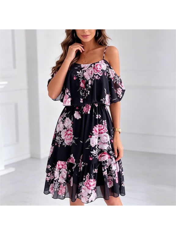 Women's Floral Print Cold-Shoulder Chiffon Mini Dress – Ruffle Sleeve Boho Summer Beach Vacation Sweet Everyday Wear Black,M