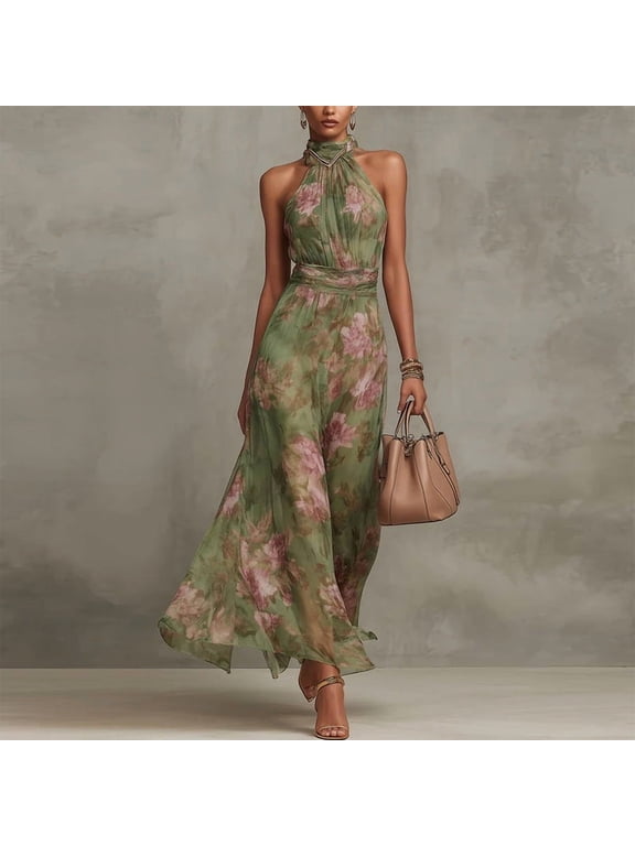 Women's Floral Print Halter Maxi Dress – Chiffon Ruffle Hem Sleeveless, Elegant Summer Evening Gown Green,L