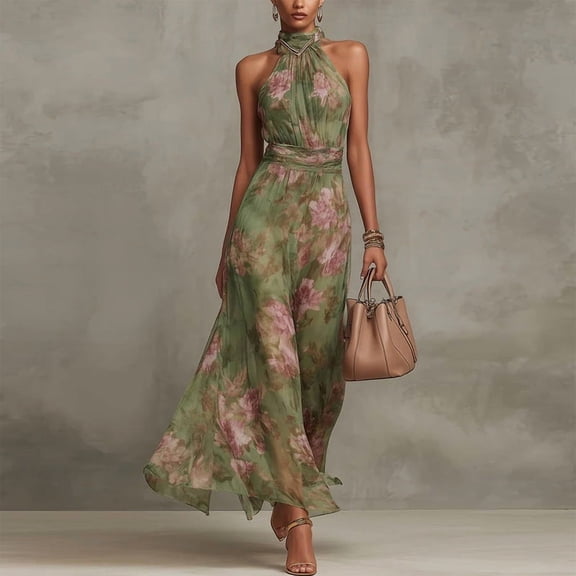 Morttic Women's Floral Print Halter Maxi Dress – Chiffon Ruffle Hem Sleeveless, Elegant Summer Evening Gown Green，S