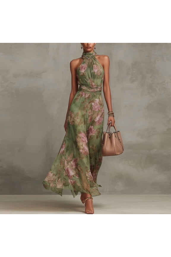 Women's Floral Print Halter Maxi Dress – Chiffon Ruffle Hem Sleeveless, Elegant Summer Evening Gown Green，S