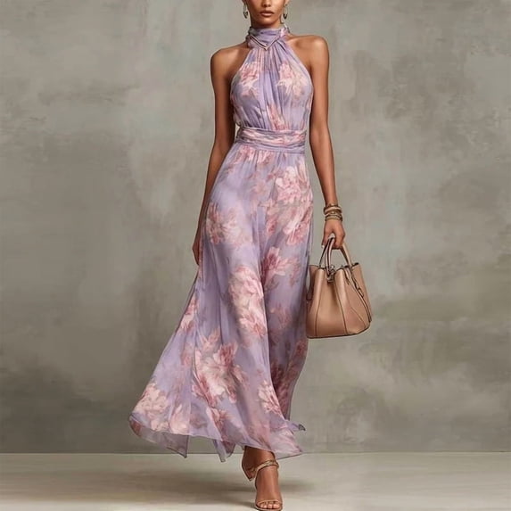 Morttic Women's Floral Print Halter Maxi Dress – Chiffon Ruffle Hem Sleeveless, Elegant Summer Evening Gown Light Blue,S