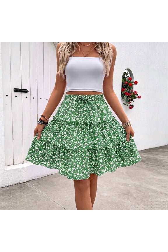 Women's Floral Print Ruffle Hem A-Line Mini Skirt – Drawstring Elastic Waist, Tiered Flowy Seaside Vacation Wear Green，M