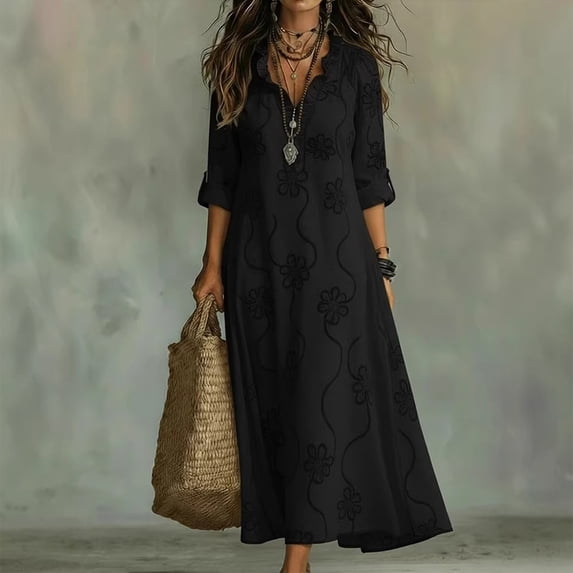 Morttic Women's Floral Print V-Neck Long Sleeve Loose Maxi Dress – Boho Ruffle Detail Summer Beach Vacation A-Line Dress Black,XXL