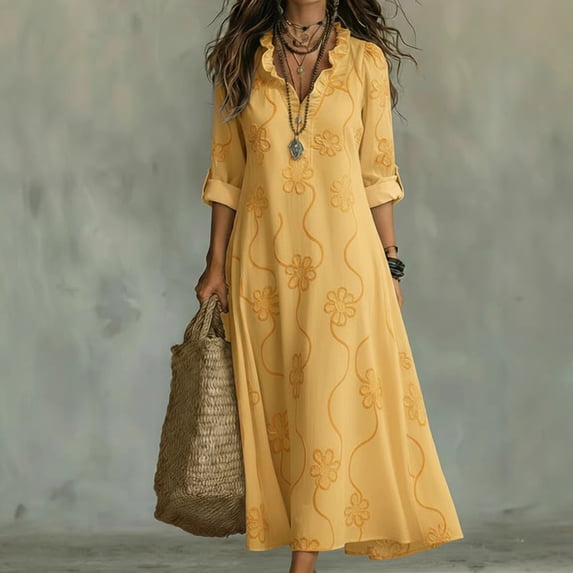 Morttic Women's Floral Print V-Neck Long Sleeve Loose Maxi Dress – Boho Ruffle Detail Summer Beach Vacation A-Line Dress Yellow,M