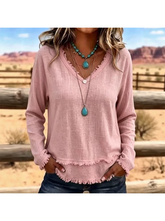 Women's Frayed Edge V-Neck Long Sleeve Casual Loose Fringe Hem Blouse Spring for Outdoor Trip & Daily Streetwear Pink,L