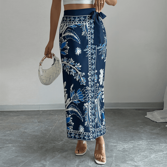 Morttic Women's French Style Floral Print Wrap Tie High Waist Long Skirt – Plant Print A-Line Maxi Skirt Navy Blue,M