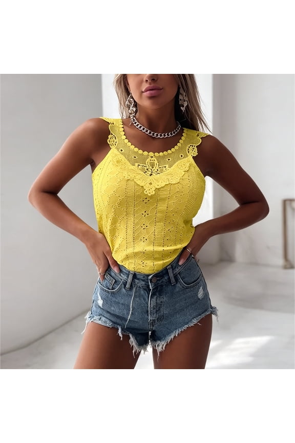 Women's Full Lace Cami Top – Scalloped Neckline Sleeveless Semi-Sheer Round Neck Beach & Resort Casual  Blouse Yellow，XXL