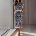 thumbnail image 1 of Morttic Women's Geometric Print Sleeveless Midi Dress – Crew Neck Button Detail with High Slit Stylish Office Dress Blue，S, 1 of 2