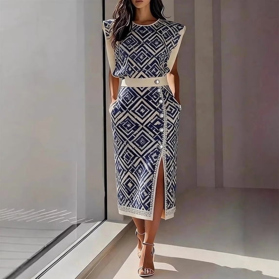 Morttic Women's Geometric Print Sleeveless Midi Dress – Crew Neck Button Detail with High Slit Stylish Office Dress Blue,S