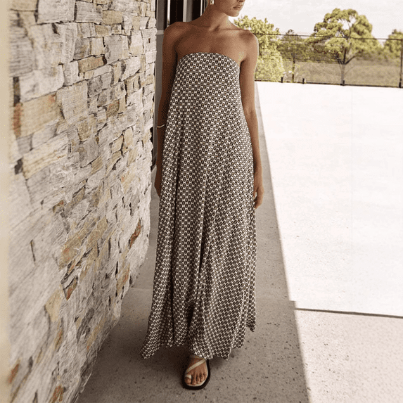 Morttic Women‘s Geometric Print Strapless Elegant Minimalist Off-Shoulder Long Maxi Dress for Vacation & Beach Outfits Multicolor,S