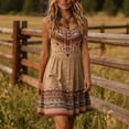 thumbnail image 1 of Morttic Women's Geometric Print U Neck Sleeveless Midi Dress – Ruched High Waist A-Line, Retro Boho Vacation Outfit Khaki，XL, 1 of 4