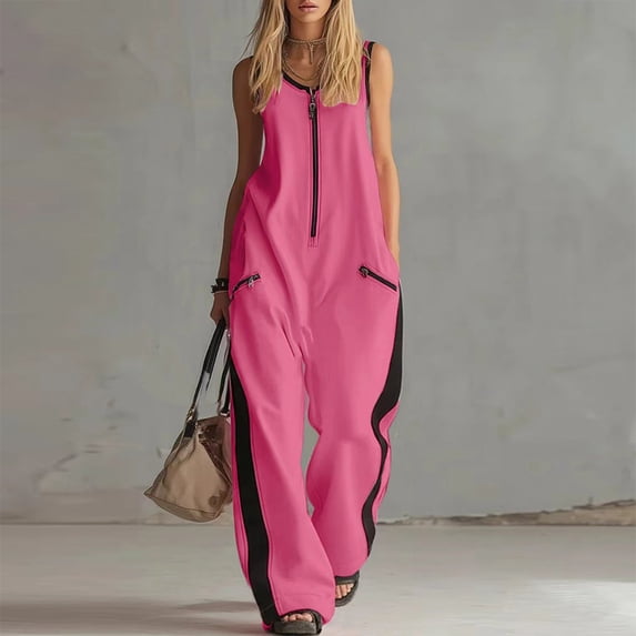 Morttic Women's Half Zip Contrast Trim Jumpsuit – Sleeveless Loose Wide Leg with Pockets, Casual Summer One Piece Pink,M