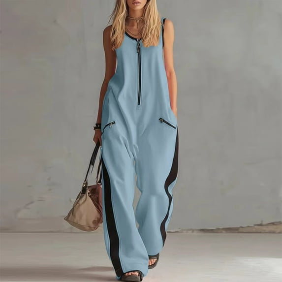 Morttic Women's Half Zip Contrast Trim Jumpsuit – Sleeveless Loose Wide Leg with Pockets, Casual Summer One Piece Sky Blue,S