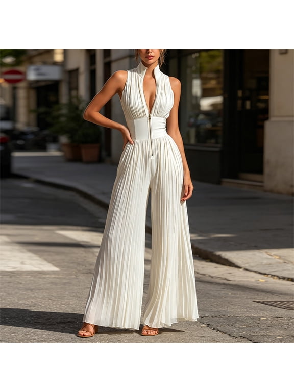 Women's Half-Zip Sleeveless V-Neck Wide Leg Jumpsuit – Pleated High Waist, Solid Color Elegant Romper for Summer Milk White,XS