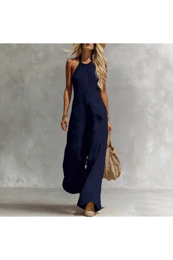 Women's Halter Backless Wide-Leg Jumpsuit with Pocket – Sleeveless Button Front Sexy Summer Vacation One Piece Navy Blue,S