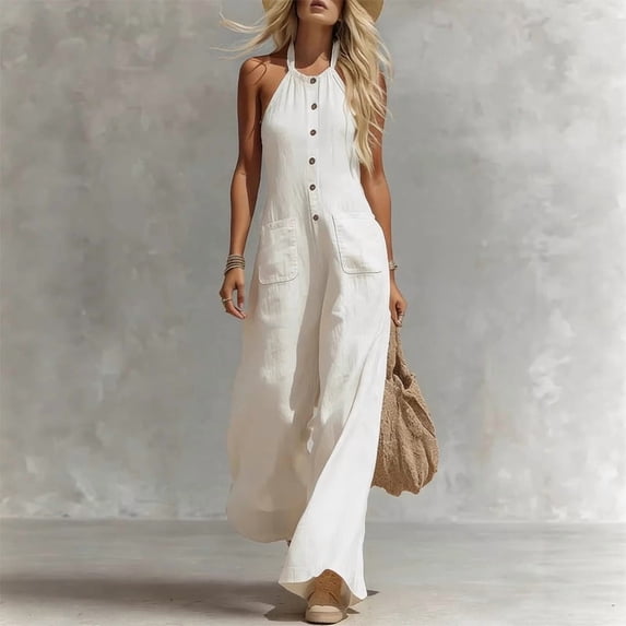 Morttic Women's Halter Backless Wide-Leg Jumpsuit with Pocket – Sleeveless Button Front Sexy Summer Vacation One Piece White,S