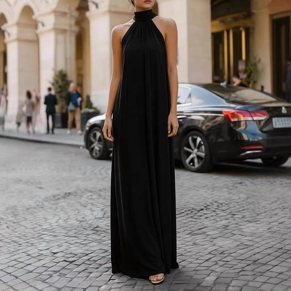 Morttic Women's Halter Neck Maxi Dress – Solid Color Elegant Sleeveless Bohemian Style for Weddings & Evening Events Black,XXL