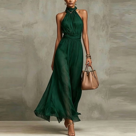 Morttic Women's Halter Neck Sleeveless Maxi Dress – Ruched Waist Flowy A-Line Formal Gown Chic Elegant Dress Dark Green,L