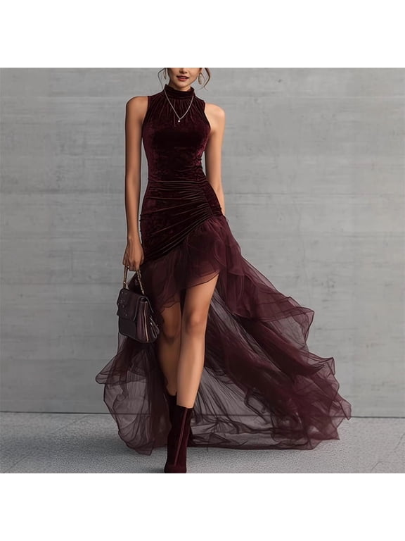 Women's High Neck Sleeveless Solid Color Ruched Waist Irregular Hem with Flowy Lace Slim Fit Long Dress Reddish brown,XXL
