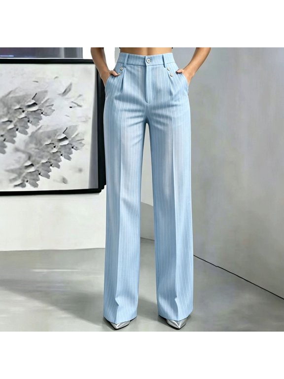 Women's High-Waist Pinstripe Front Pleat Button Decor Trousers Business Office Suit Wide-Leg Pants Sky Blue,L