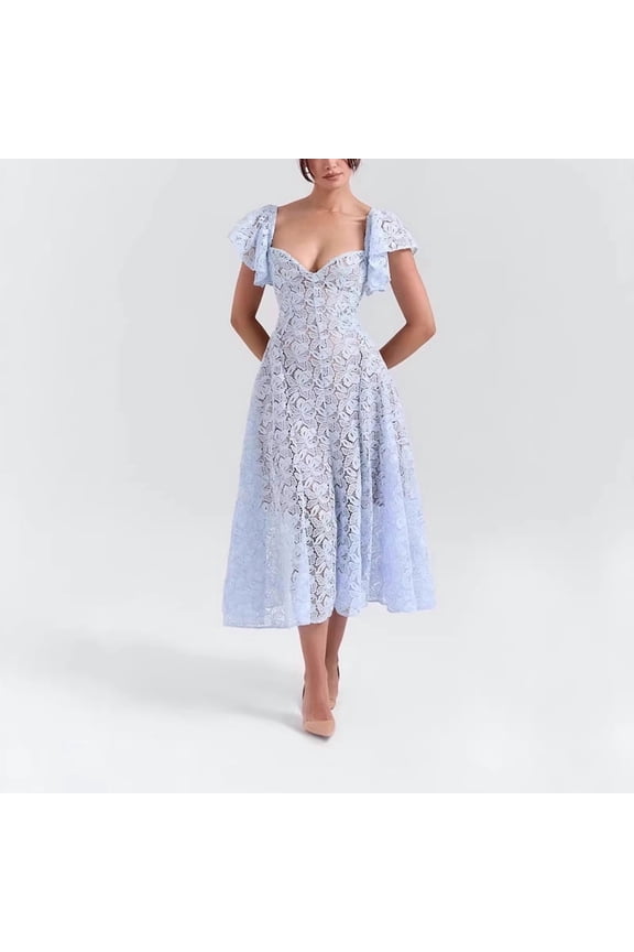 Women's Hollow Lace Sweetheart Neck Ruffle Short Sleeve A-Line Midi Dress Chic Cocktail & Birthday Outfit Blue,M