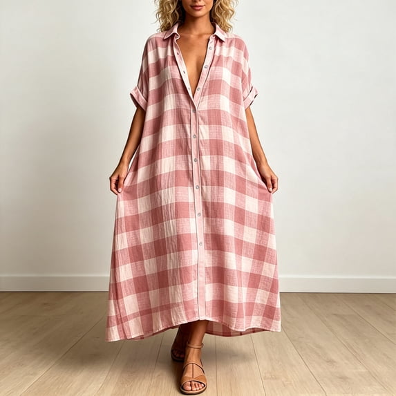 Morttic Women's Lapel Collar Short Sleeve Plaid Shirt Loose Button Front Long Dress Summer Beach Vacation Casual Outfit Pink,S