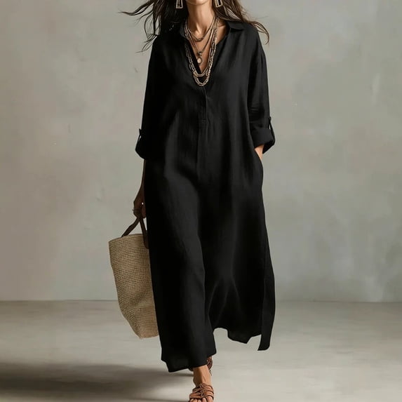 Morttic Women's Lapel Half Placket Roll Up Sleeve Loose Shirt Maxi Dress – Solid Color Casual Summer Dress with Side Split Black,M