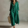 thumbnail image 1 of Morttic Women's Lapel Half Placket Roll Up Sleeve Loose Shirt Maxi Dress – Solid Color Casual Summer Dress with Side Split Dark Green，XXL, 1 of 2