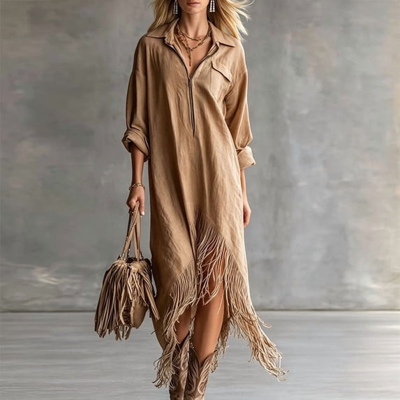 Morttic Women's Lapel Half Zip Front Long Sleeve Asymmetric Fringe Hem Loose Bohemian Casual Vacation Shirt Maxi Dress Camel Color,M