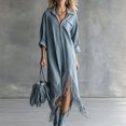 thumbnail image 1 of Morttic Women's Lapel Half Zip Front Long Sleeve Asymmetric Fringe Hem Loose Bohemian Casual Vacation Shirt Maxi Dress Sea Blue，M, 1 of 2