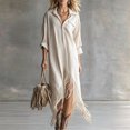 thumbnail image 1 of Morttic Women's Lapel Half Zip Front Long Sleeve Asymmetric Fringe Hem Loose Bohemian Casual Vacation Shirt Maxi Dress White，S, 1 of 2