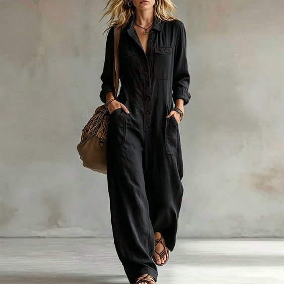 Morttic Women's Lapel Long Sleeve Button Front Loose Wide Leg Overall Jumpsuit – Pockets Fashion Vacation Outdoor Long Pant Black,XXL