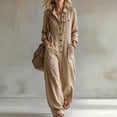 thumbnail image 1 of Morttic Women's Lapel Long Sleeve Button Front Loose Wide Leg Overall Jumpsuit – Pockets Fashion Vacation Outdoor Long Pant Khaki，S, 1 of 3