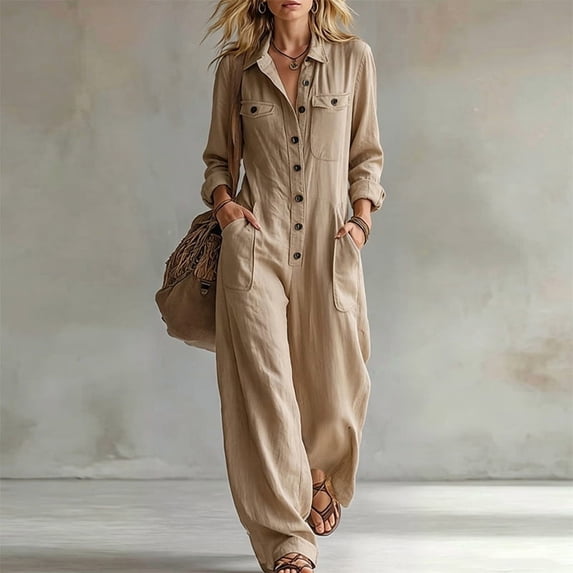 Morttic Women's Lapel Long Sleeve Button Front Loose Wide Leg Overall Jumpsuit – Pockets Fashion Vacation Outdoor Long Pant Khaki,S