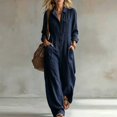 thumbnail image 1 of Morttic Women's Lapel Long Sleeve Button Front Loose Wide Leg Overall Jumpsuit – Pockets Fashion Vacation Outdoor Long Pant Navy Blue，XL, 1 of 2