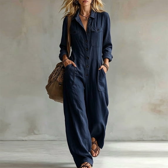 Morttic Women's Lapel Long Sleeve Button Front Loose Wide Leg Overall Jumpsuit – Pockets Fashion Vacation Outdoor Long Pant Navy Blue,XL