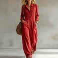 thumbnail image 1 of Morttic Women's Lapel Long Sleeve Button Front Loose Wide Leg Overall Jumpsuit – Pockets Fashion Vacation Outdoor Long Pant Red，M, 1 of 2