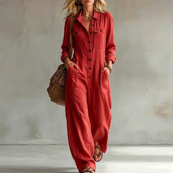 Morttic Women's Lapel Long Sleeve Button Front Loose Wide Leg Overall Jumpsuit – Pockets Fashion Vacation Outdoor Long Pant Red,M
