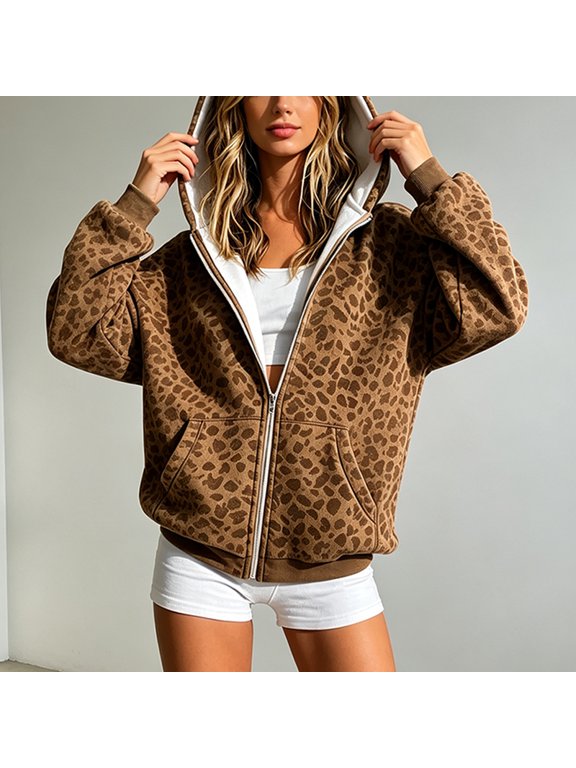 Women's Leopard Print Full Zip Hoodie Long Sleeve Loose Jacket with Pockets Casual Fall Outerwear Amber Color,S