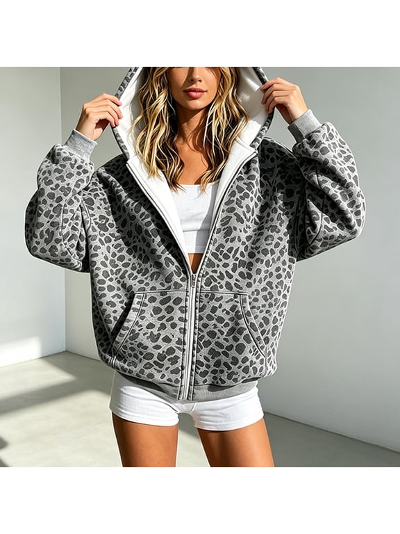 Women's Leopard Print Full Zip Hoodie Long Sleeve Loose Jacket with Pockets Casual Fall Outerwear Gray,S