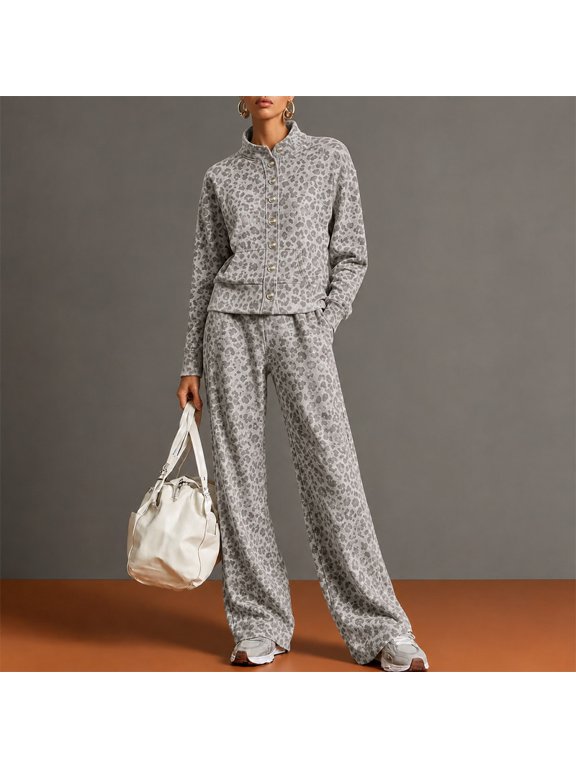 Women's Leopard Print Set Stand Collar Button-Front Cropped Jacket & High-Waist Wide-Leg Pants Gray,S