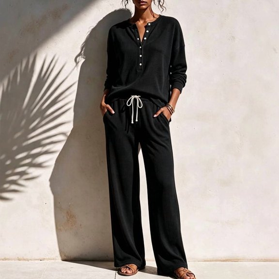 Morttic Women's Loose Fashion Two-Piece Set Half-Button Long Sleeve Top & Elastic Waist Wide-Leg Pants with Pockets Black,L