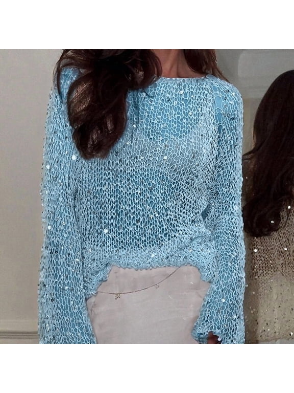 Women's Loose Fit Sequin Long Sleeve Top – Crew Neck Semi-Sheer Woolen Blouse, Perfect for Fall/Winter Outings Sky Blue,S