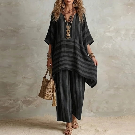 Morttic Women's Loose Fit Striped Two Piece – Batwing Sleeve Top & Wide Leg Pants, Mixed Stripe Pattern, Boho Summer Wear Black,L