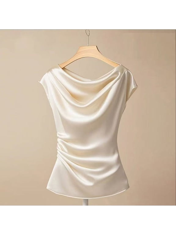 Women‘s Luxury Satin Draped Neck & Side Ruching Slim-Fit Short Sleeve Elegant Solid Color Blouse Champagne,XL