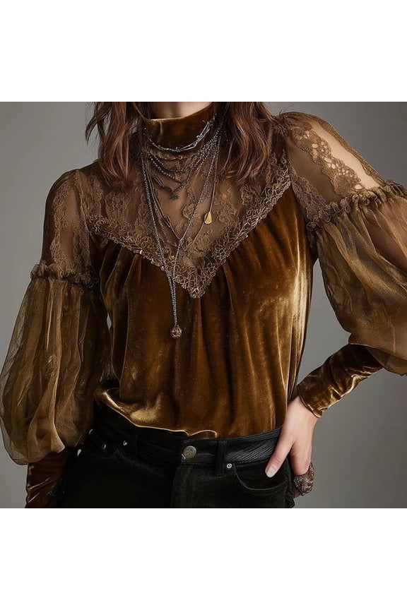 Women's Mesh Vintage Lace Trimmed Lantern Long Sleeve Shirt – Elegant High Neck Loose Fit Blouse Brown，XXL