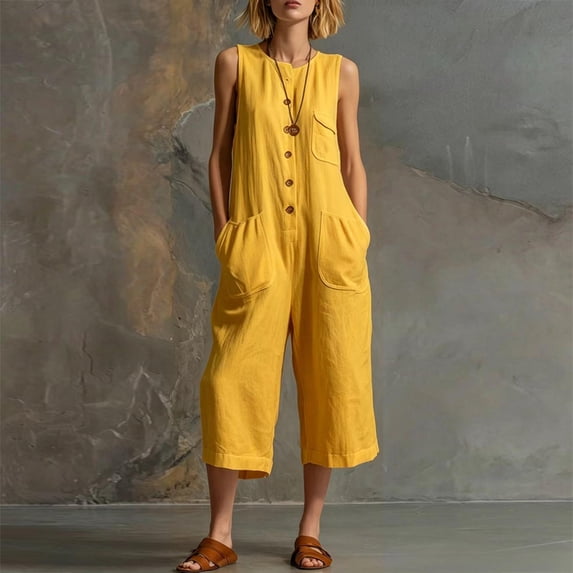 Morttic Women's Minimalist Button Pocket Jumpsuit – Sleeveless Round Neck, Capri Wide Leg, Loose Bohemian Casual One Piece Yellow,S