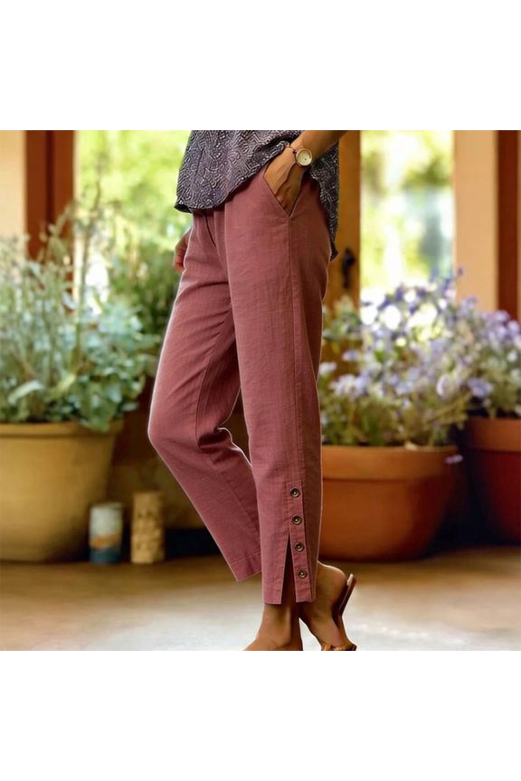 Women's Minimalist Solid Color Button-Up Nine-Inch Straight Casual Pants – Side Pocket for Daily & Casual Wear Red,XL